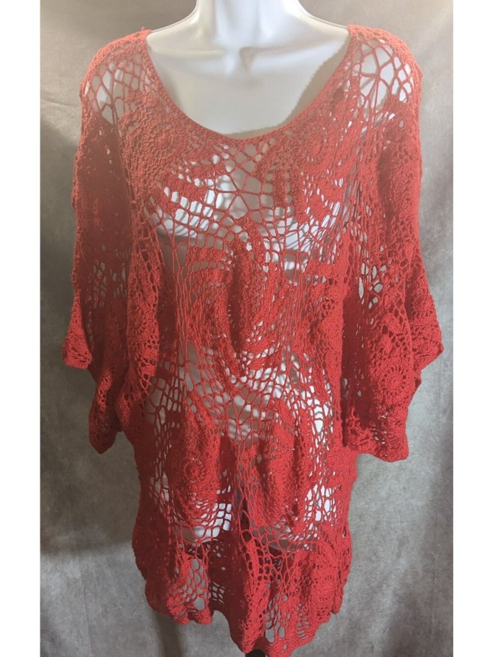 Denim 24/7 Crochet Floral Sweater Red Open Knit Boho Summer